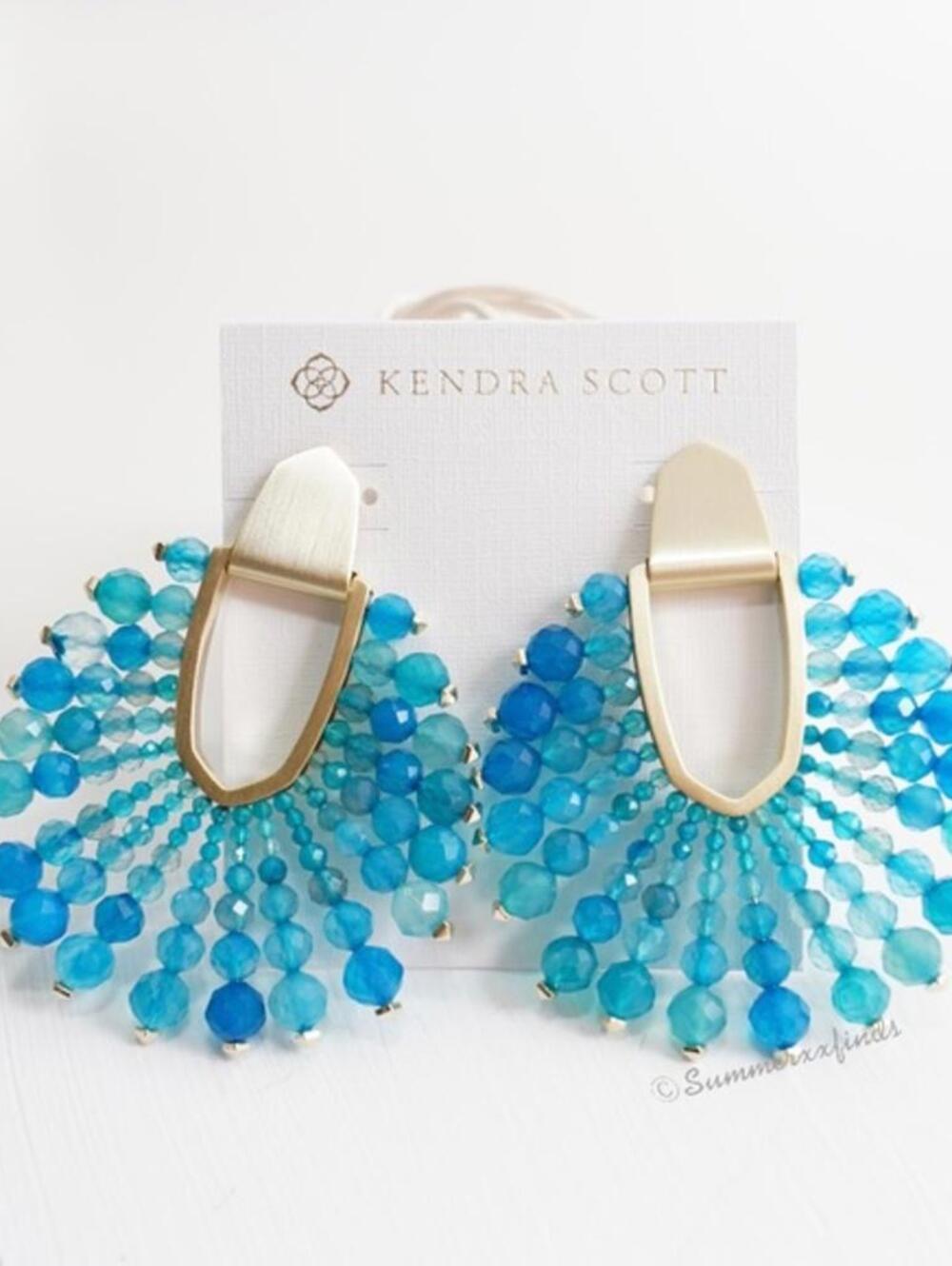 Kendra Scott Diane Bead Stone Statement Earrings Teal Agate - Picture 3 of 3